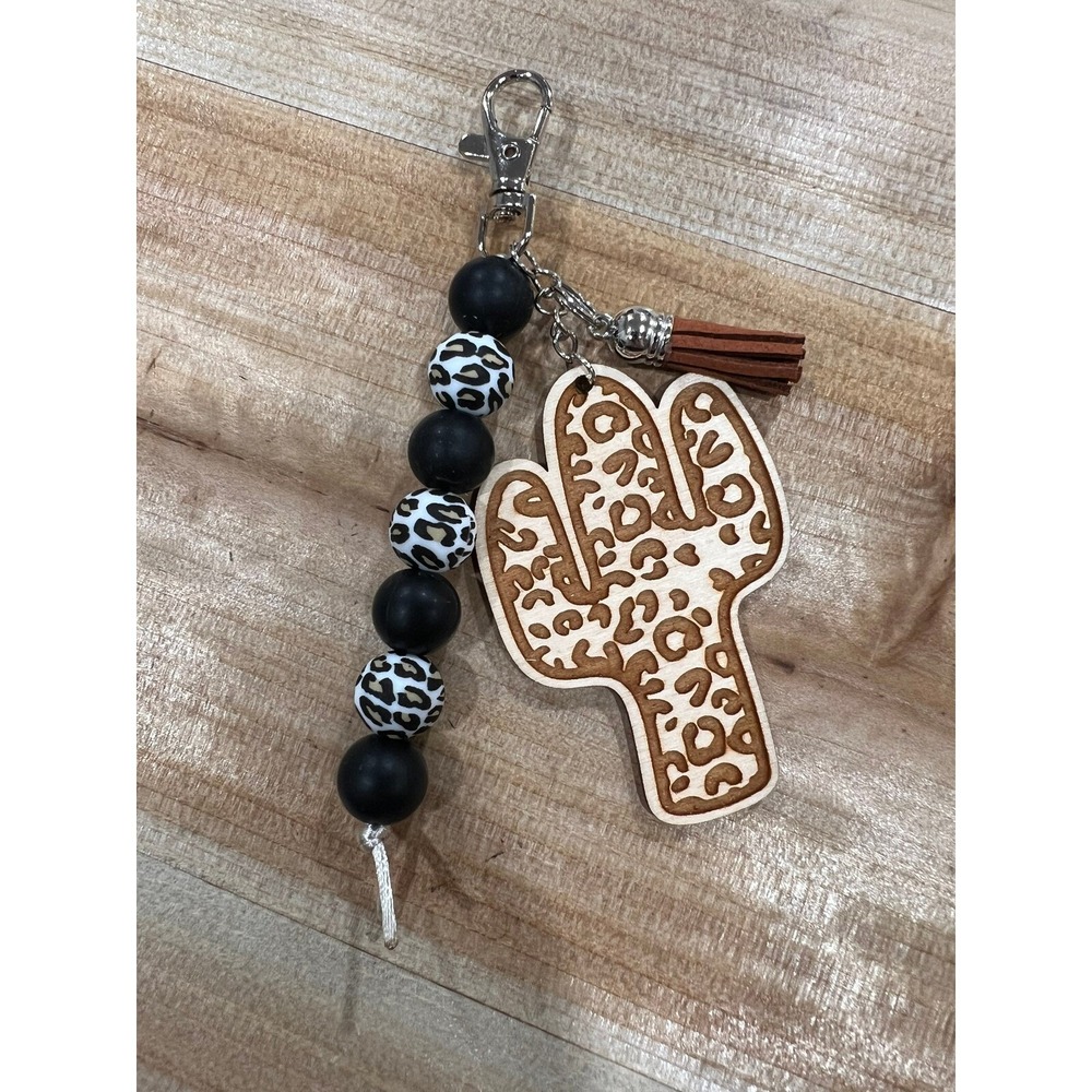 Cactus Leopard Silicone Bead Lobster Clasp Keychain Purse Charm Wood Engraved